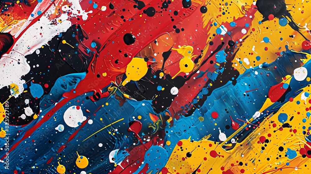 Fabric background featuring abstract, splattered patterns in bold primary colors, creating a dynamic and energetic look Fabric background featuring abstract, splattered patterns in bold primary colors, creating a dynamic and energetic look
