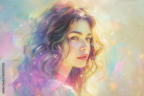 closeup portrait of lovely lady with wavy hair anticipating cuddling pastel colored background digital painting
