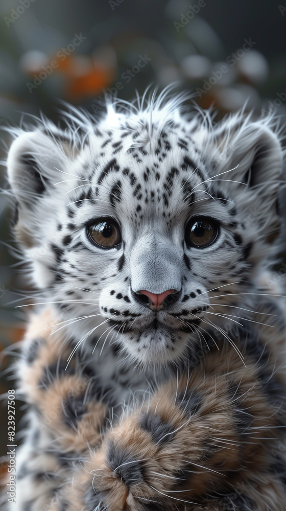 Obraz premium Stunning closeup of a snow leopard cub with striking details, highlighting its gorgeous fur pattern and captivating eyes in the soft glow of natural light
