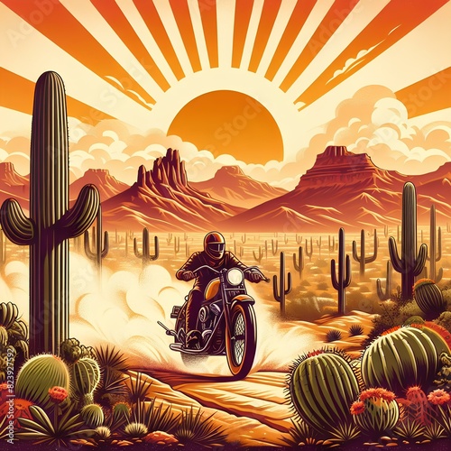 vintage motorcycle kicking up dust as it rides through a desert landscape