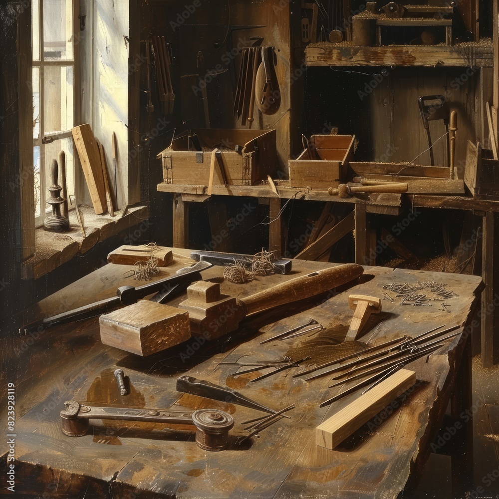 A woodworking shop with tools and wood on a table A woodworking shop with tools and wood on a table