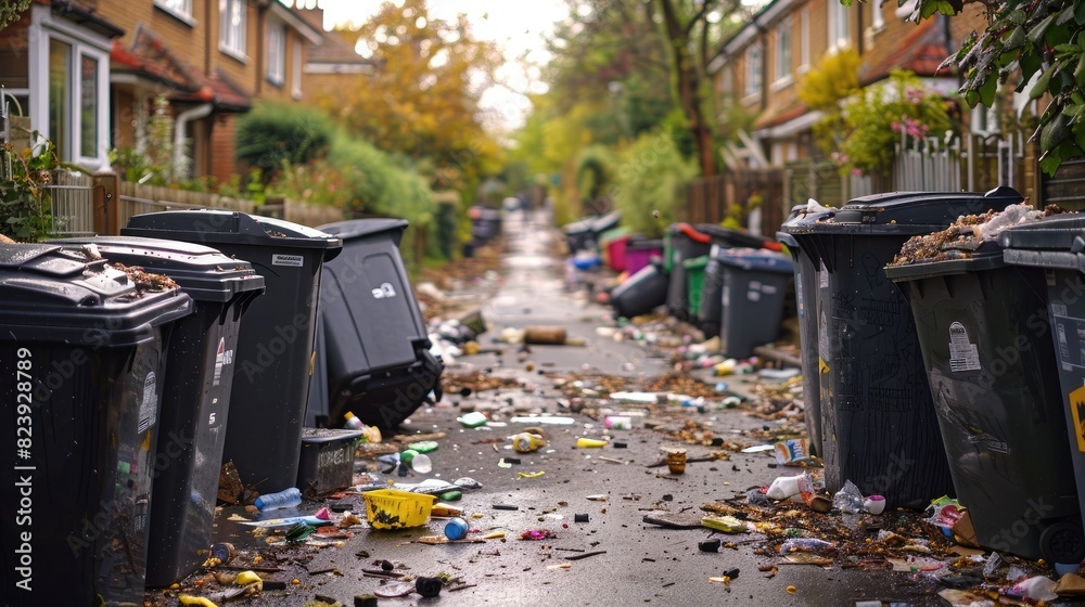 Chaotic Scene: British Street Strewn with Tipped Over Wheelie Bins Chaotic Scene: British Street Strewn with Tipped Over Wheelie Bins