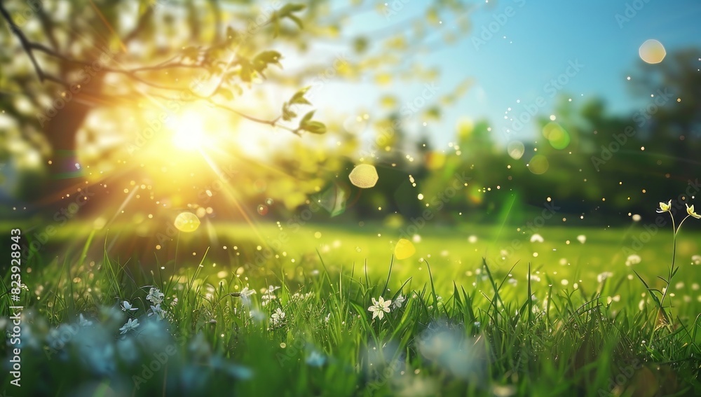 Beautiful blurred background of natural spring green grass meadow with blooming trees and blue sky with sun rays