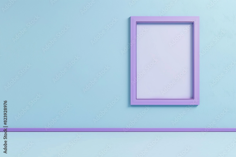 featuring a single empty poster in a purple frame against a light blue wall. featuring a single empty poster in a purple frame against a light blue wall.
