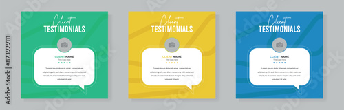 Set of client testimonials or review social media post design, client feedback template with square size modern and creative