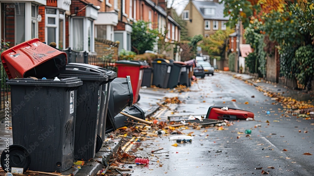 Chaotic Scene: British Street Strewn with Tipped Over Wheelie Bins Chaotic Scene: British Street Strewn with Tipped Over Wheelie Bins