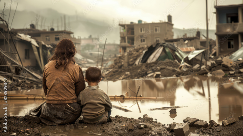 Fototapeta premium Mother and child sitting on the ground in front of rubble, surrounded by water with destroyed buildings in the background.