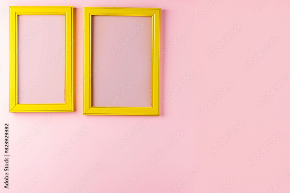 featuring two empty posters in mustard yellow frames against a soft pink background. featuring two empty posters in mustard yellow frames against a soft pink background.