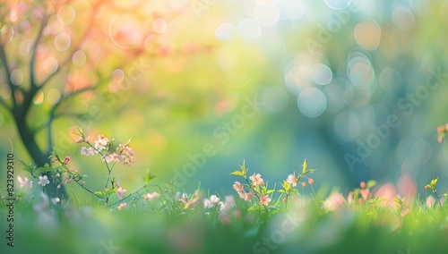 Beautiful blurred background of natural spring green grass meadow with blooming trees in a sunny day. Spring nature wallpaper banner in the style of nature