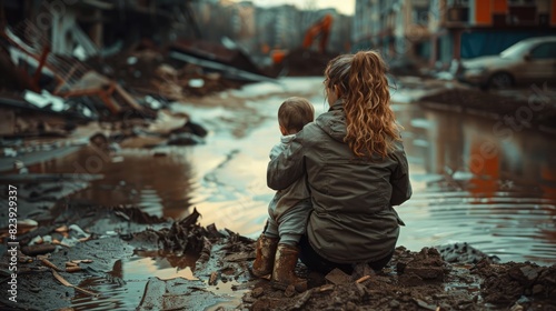 Mother and child sitting on the ground in front of rubble, surrounded by water with destroyed buildings in the background.