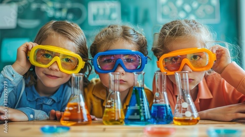 Three Children Wearing Goggles Holding Beaks by Test Tubes