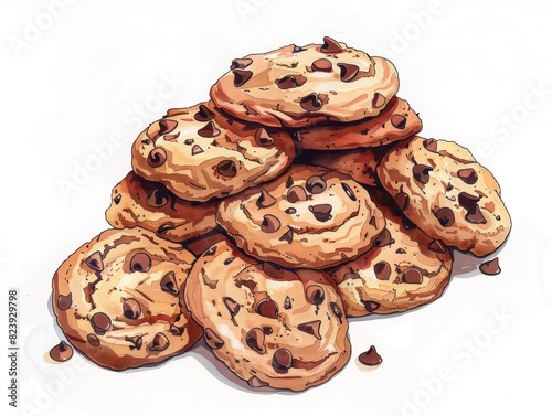 chocolate chip cookies, colored illustration, white background