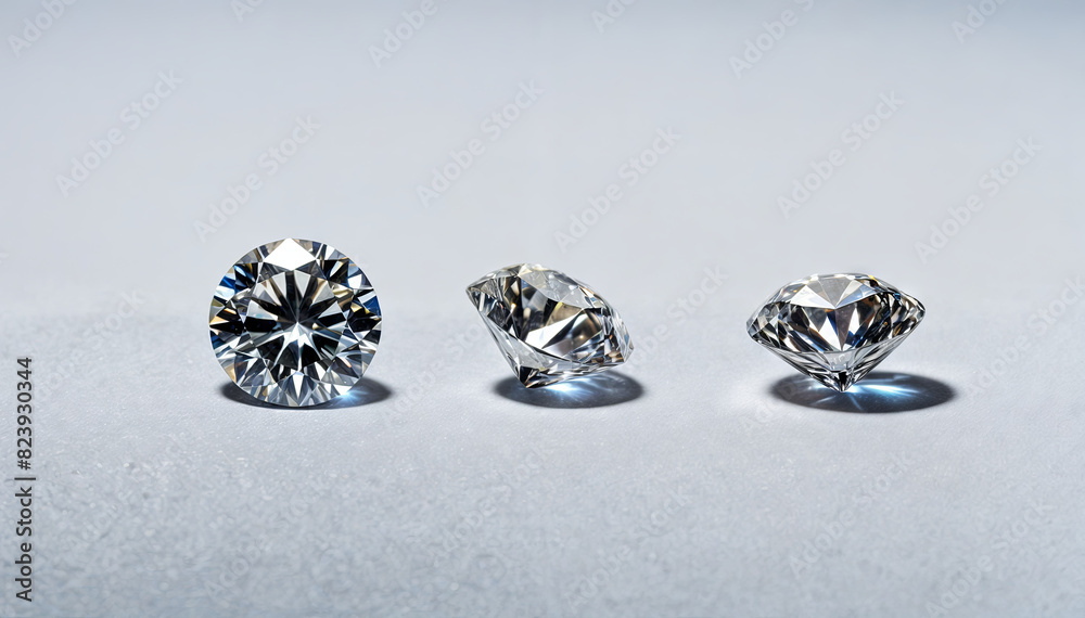 Three distinct diamonds are displayed on a plain white surface, showcasing their varying shapes and cuts Three distinct diamonds are displayed on a plain white surface, showcasing their varying shapes and cuts
