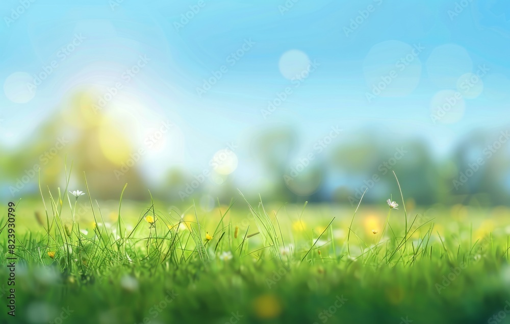 Fototapeta premium Beautiful blurred background of spring nature green grass meadow with trees and blue sky
