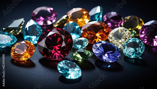Various colored diamonds scattered on a black background, showcasing a vibrant array of hues and shapes photo