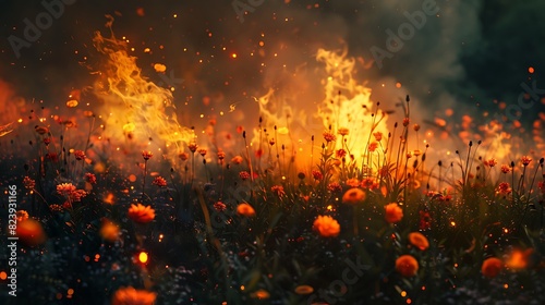 An awe-inspiring display of flames descending onto a blooming meadow