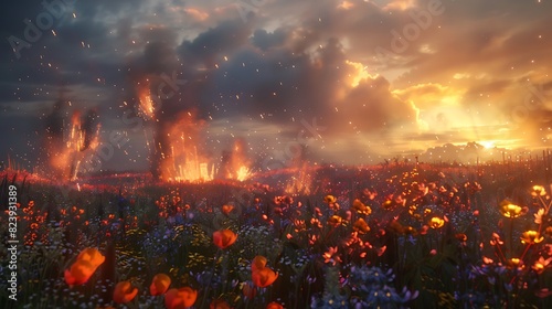 An awe-inspiring display of flames descending onto a blooming meadow