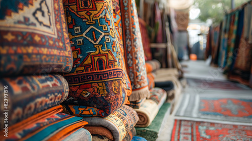 Tapetes orientais artesanais vibrantes no mercado tradicional do Oriente Médio. Tapetes conceituais, feitos à mão, tradicionais, do Oriente Médio, de mercado photo