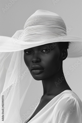 A black and white portrait of a woman wearing a white hat with a large brim.