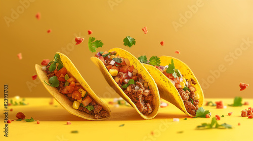 Deliciosos pedaços de tacos caindo sobre fundo sólido brilhante, conceito de comida mexicana photo