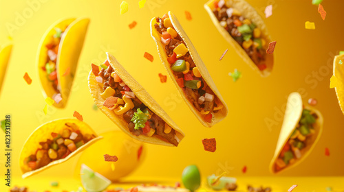 Deliciosos pedaços de tacos caindo sobre fundo sólido brilhante, conceito de comida mexicana photo