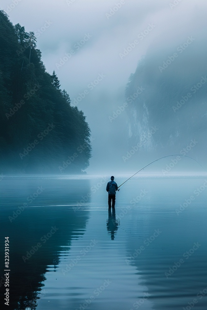 A fisherman stands in a lake surrounded by mountains. The water is calm and still. The sky is foggy and the sun is not visible.