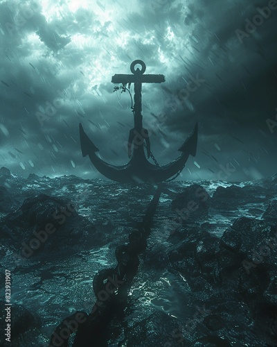 A dark stormy sea with a large anchor rising out of the water.