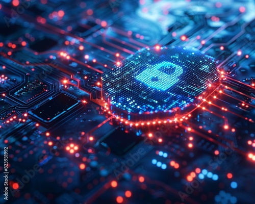 A glowing blue and red circuit board with a padlock symbol in the center.