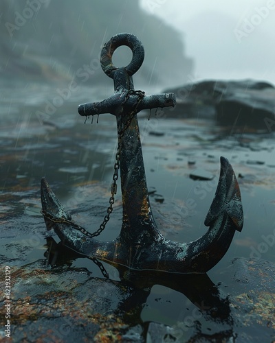 A large, rusty anchor sits on the rocky shore, half-submerged in the water.