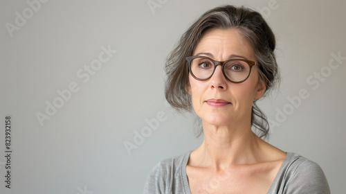 Middle-aged Woman with Gray Hair and Glasses Against a Light Grey Background Looking Thoughtfully with Space for Copy