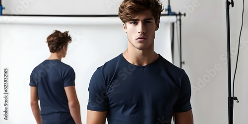 Male model showcasing navy t-shirt in a photo studio from front and back perspectives. Concept Fashion Photography, Showcasing T-shirts, Studio Lighting, Front and Back Perspectives, Male Model