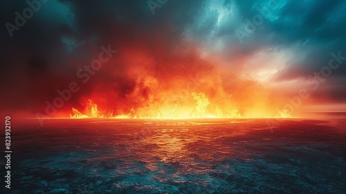 Dramatic scene of a fiery horizon over a dark  stormy ocean with intense red  orange  and blue hues.