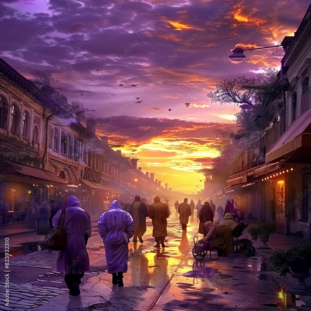 Naklejka premium A painting of people walking down a wet city street at sunset.