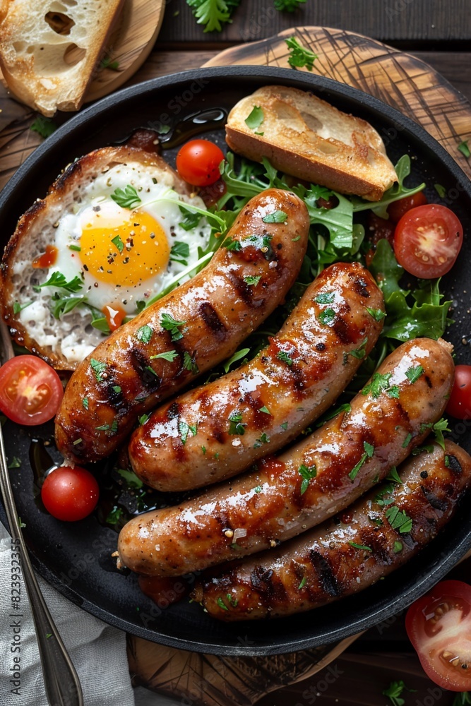 A plate of sausages, eggs, and tomatoes. A plate of sausages, eggs, and tomatoes.