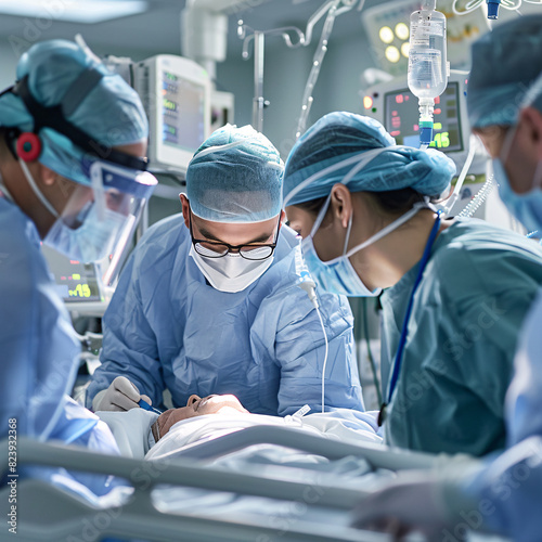 medical team is checking the health a patient in the ICU.Monitors beep steadily as doctors and nurses assess vital signs and adjust equipment.The room is filled with a sense urgency and focused care. photo