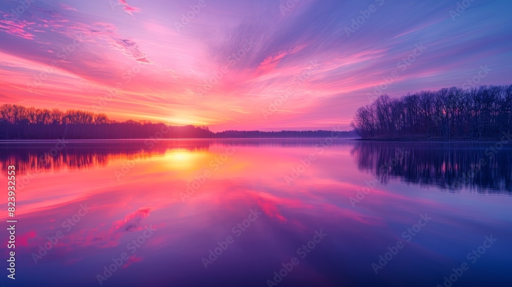 Stunning sunset over a calm lake with vibrant pink, purple, and orange hues reflecting on the water