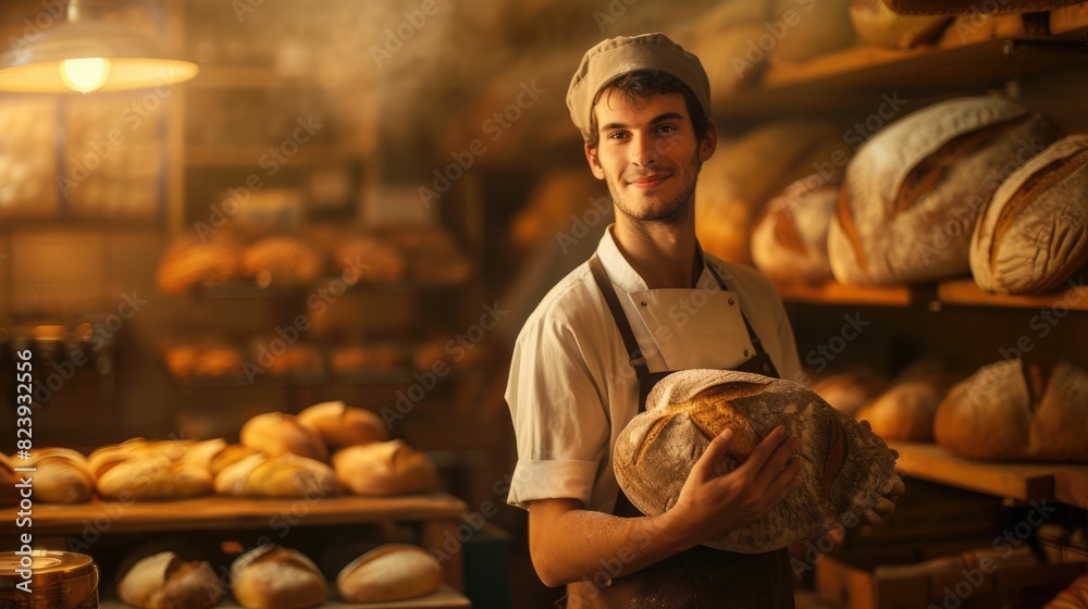 The picture of the baker of the bakery looking at the camera and wearing the apron also work inside the baker that make the various kind of the bread and sweet yet need much experience to work. AIG43.