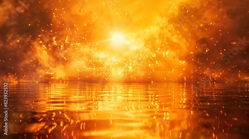 Bright flames descending from the heavens  casting reflections on a still water surface