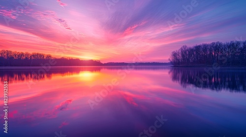 Stunning sunset over a calm lake with vibrant pink, purple, and orange hues reflecting on the water