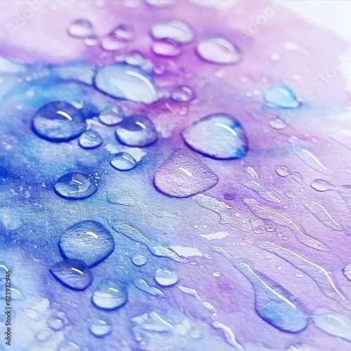 A close-up of watercolor droplets on wet paper  their edges softly blending  creating a microcosm of color where light blues turn into deep purples.