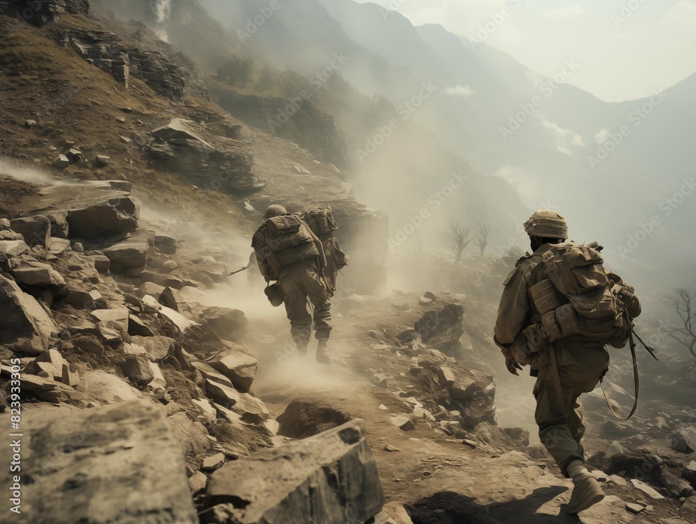 Soldiers trek through a misty mountain pass at dawn