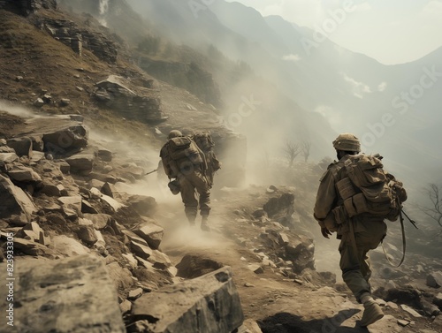 Soldiers trek through a misty mountain pass at dawn