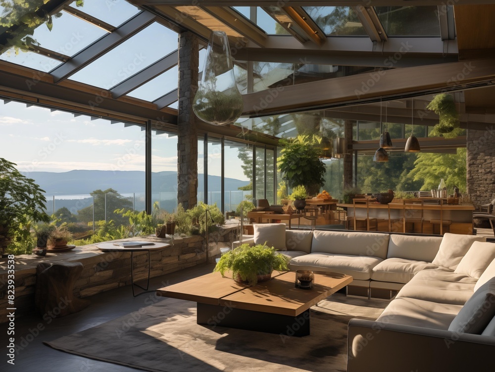Sunset View from a Modern Mountain Home Living Room