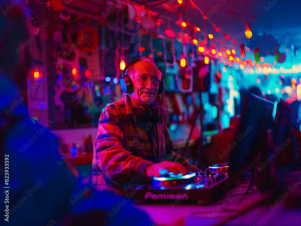 An elderly man as a DJ in a nightclub. Stands behind a DJ console, mixing tracks. Colorful lights and decorations in the background add dynamism to the scene. An elderly man as a DJ in a nightclub. Stands behind a DJ console, mixing tracks. Colorful lights and decorations in the background add dynamism to the scene.