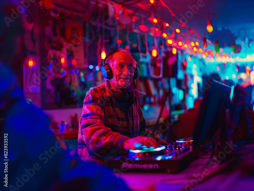 An elderly man as a DJ in a nightclub. Stands behind a DJ console, mixing tracks. Colorful lights and decorations in the background add dynamism to the scene.