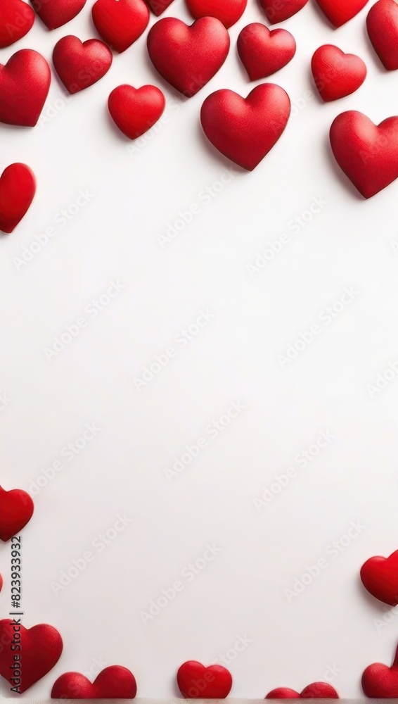 White background with many red and white hearts all around it with empty space in the center White background with many red and white hearts all around it with empty space in the center