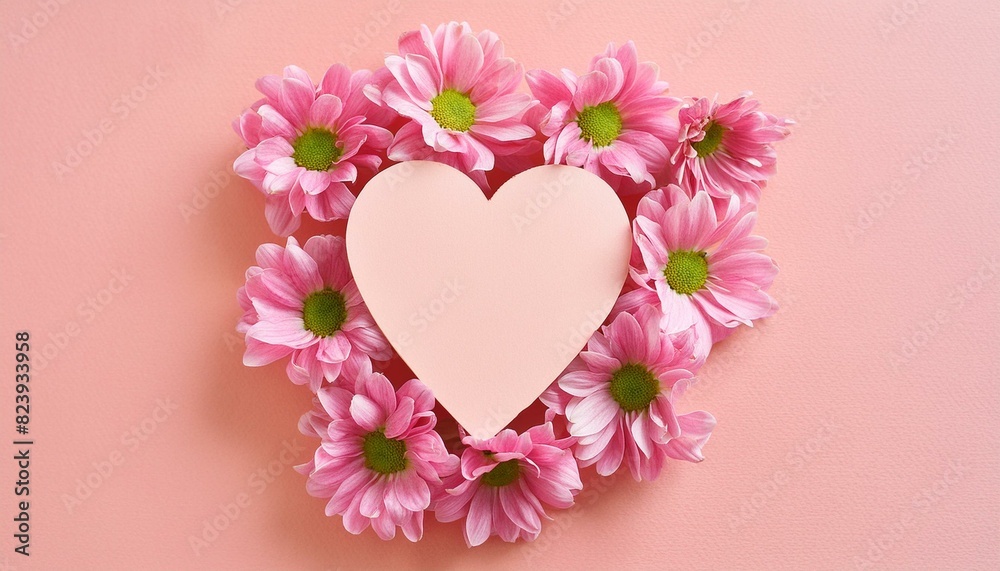 Creative layout with pink flowers, paper heart over punchy pastel background Top view Creative layout with pink flowers, paper heart over punchy pastel background Top view