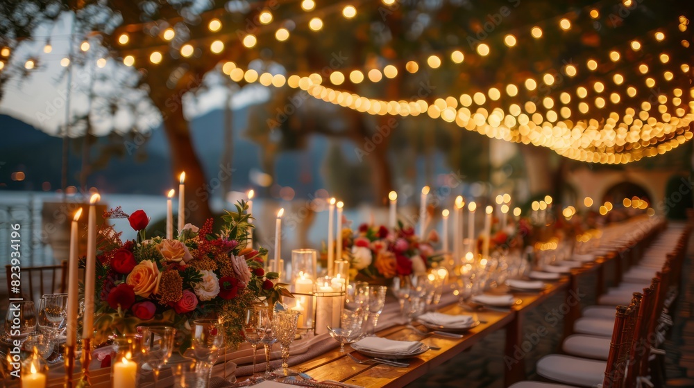Wedding Reception with Greenery and Candle Decor on Banquet Tables, Side View Under Canopy of String Lights Wedding Reception with Greenery and Candle Decor on Banquet Tables, Side View Under Canopy of String Lights