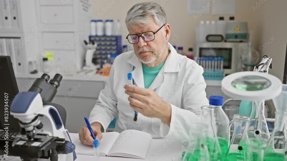 A senior scientist man analyzes a test tube while writing notes in a lab filled with scientific equipment. A senior scientist man analyzes a test tube while writing notes in a lab filled with scientific equipment.