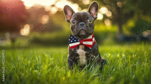 Dog french bulldog in bow tie and with American flag, independence day. Generative AI photo